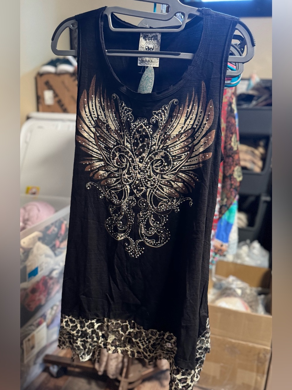 Black Embellished Graphic Tank with Leopard Hem
